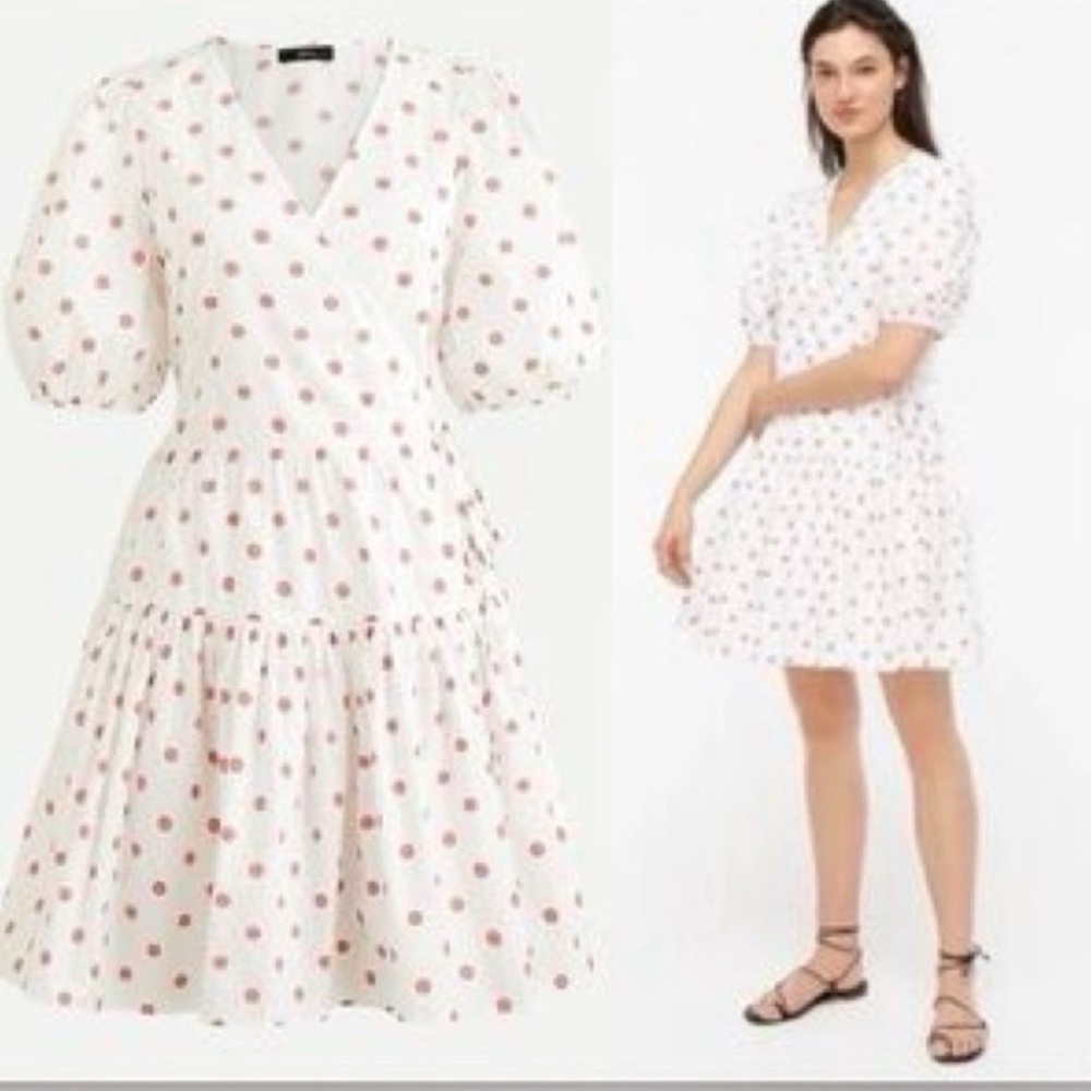 J Crew Puff-Sleeve Cotton Poplin Wrap Dress in White Rose Dot Size Medium